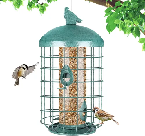 Miniatura 7 de Yinns Comederos para pájaros para colgar al aire libre, comederos metálicos de gran capacidad de semillas, comedero para pájaros salvajes con 6