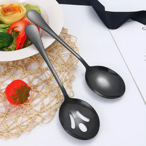 Miniatura 4 de Utensilios negros para servir, juego de 8 utensilios de acero inoxidable para servir, incluye cucharas de servir, tenedor de servir, cucharón