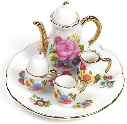 Miniatura 2 de EatingBiting Colección Nivel 1:12 Escala 1/12 8PCS Elegante Flora Miniatura Mini Casa Porcelana Plato de Té de Porcelana, Tetera, Taza, Juego