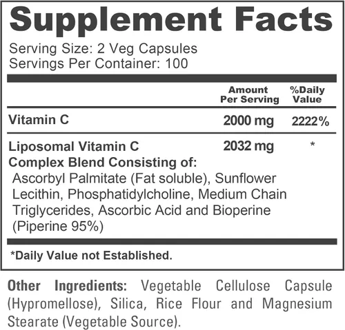 Miniatura 4 de NusaPure Vitamina C liposomal 2032mg - 200 cápsulas veganas vegetarianas, BioPerine - Ácido ascórbico de alta absorción