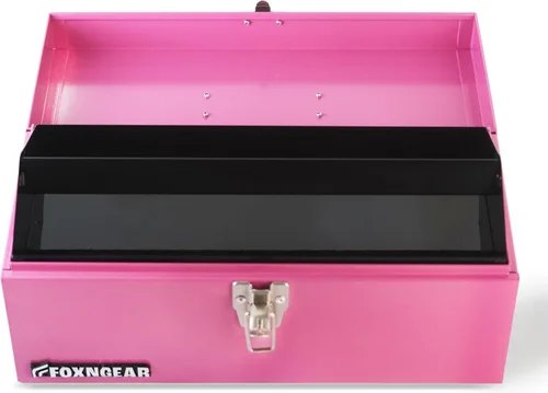 Miniatura 2 de Caja de herramientas portátil de acero resistente de 16" calibre 18 con pestillo de metal y mango rosa