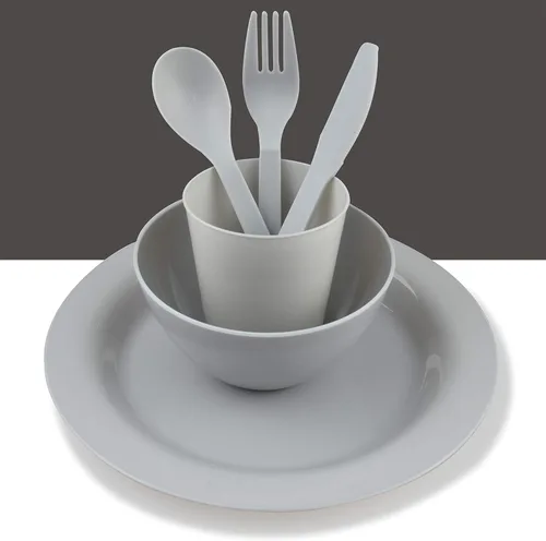 Miniatura 2 de Juego de platos y cuencos de plástico, platos esenciales para dormitorio universitario, platos de campamento, accesorios de vajilla, kit de Gris
