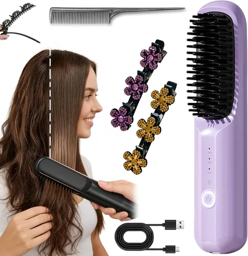 Miniatura 8 de Go Bursh - Peine alisador de cabello USB inalámbrico de iones negativos 2026, Brush Pro con pinzas trenzadas de piedra de cristal brillante, Negro
