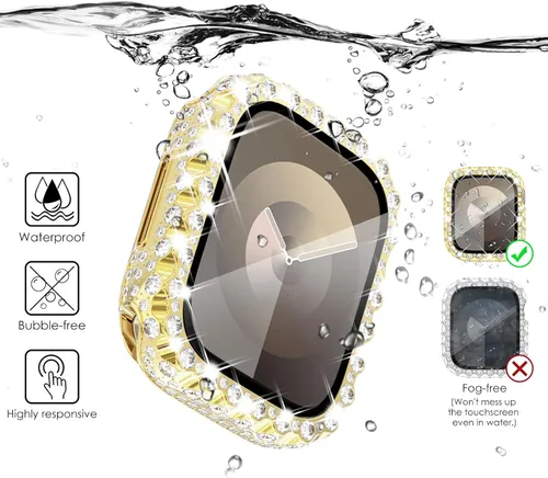 Miniatura 2 de NewWays Funda impermeable 2 en 1 de 1.772 pulgadas para Apple Watch Series 9, 8, 7, encaje completo con diamantes de imitación y purpurina para Oro