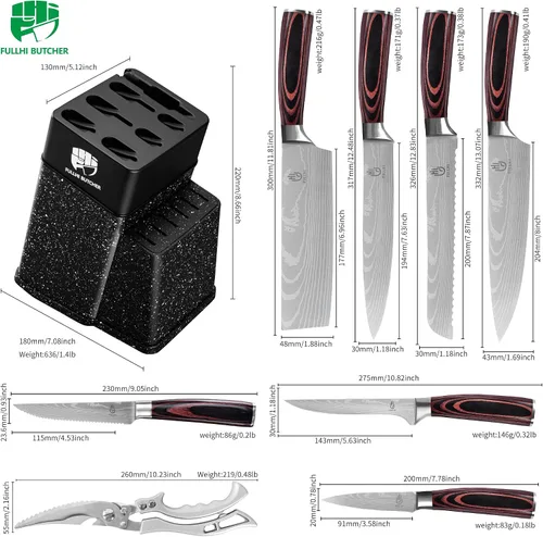 Miniatura 2 de FULLHI Juego de 14 piezas de cuchillos con bloque, juego de cuchillos de chef y de carne con bloque y afilador, juego de cuchillos de cocina, mango
