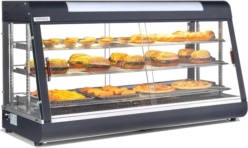 ROVSUN Calentador de alimentos de 48 pulgadas, calentador de pizza de 3 niveles, calentador de pretzel con estantes ajustables LED extraíbles Negro
