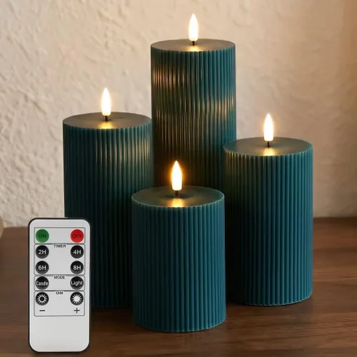 Miniatura 10 de Velas de pilar sin llama acanaladas blancas con control remoto, juego de 4 velas LED parpadeantes con parte superior plana, 3 pulgadas de alto, 4
