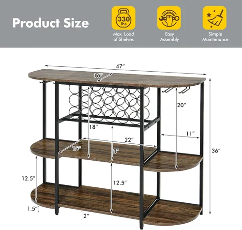 Miniatura 3 de LOKO Mesa de estante para vinos, gabinete industrial de bar de vino de 47 pulgadas con estante para vino y soportes para vidrio, gabinete