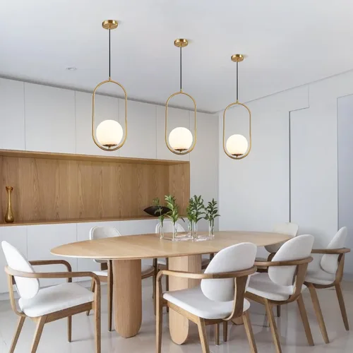 Miniatura 3 de KCO Moderna lámpara colgante de globo de vidrio de 1 luz, lámpara colgante dorada y blanca, iluminación colgante minimalista de latón cepillado