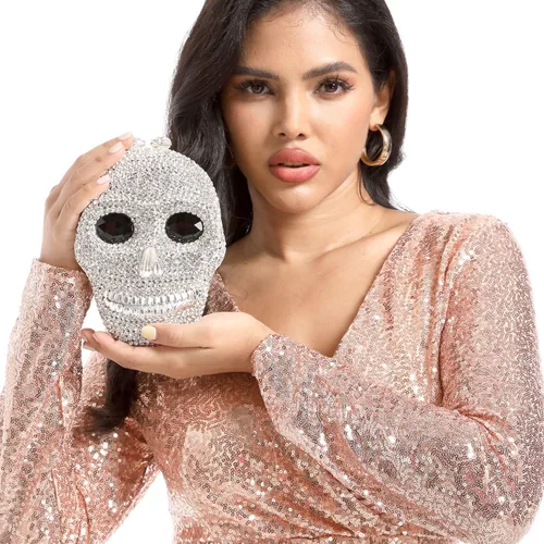 Miniatura 8 de Boutique De FGG Bolso de mano de cristal de calavera para mujer, bolso de mano de noche con diamantes de imitación, para fiesta, graduación