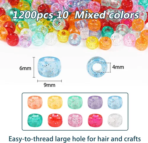 Miniatura 3 de Simetufy 1200 cuentas de poni de plástico transparente con purpurina de 0.236 x 0.394 pulgadas, cuentas transparentes con purpurina brillante, 10