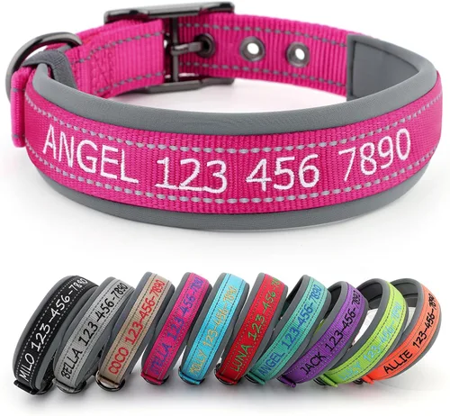 Collar de perro personalizado, nombre bordado y número de teléfono, collar de nailon reflectante personalizado para mascotas, ajustable con