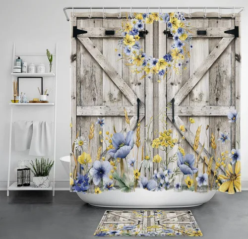 Miniatura 15 de Cortina de ducha con puerta de granero occidental para baño, lavanda púrpura y verde corona de eucalipto en tableros de madera rústica, cortina