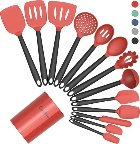 Miniatura 7 de Coukre Juego de utensilios de cocina de silicona con soporte, resistentes al calor, herramientas de cocina de grado alimenticio, espátula, cuchara