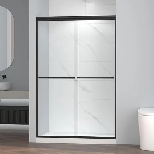 Miniatura 9 de ENSO SENKA 44-48" W x 72" H Puerta de ducha corrediza semi-sin marco, vidrio templado transparente tratado y fácil de limpiar, acabado negro mate