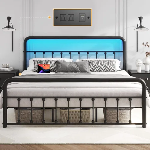 Miniatura 11 de Fluest - Base de cama de 14 pulgadas para cama individual clásica de metal con plataforma, estación de carga y LED, cabecero y pie