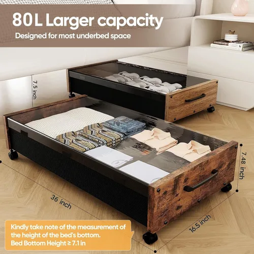 Miniatura 2 de Almacenamiento debajo de la cama con ruedas, 2 paquetes de contenedores de almacenamiento de madera extra grandes debajo de la cama, organizador