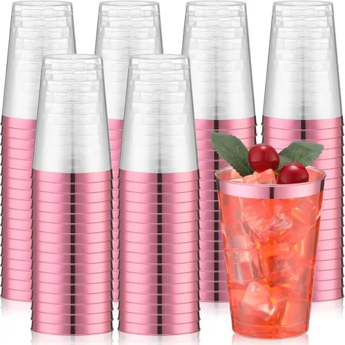 Patelai - 100 vasos de plástico rosa de 12 onzas desechables transparentes con borde rosa, vasos de cóctel de vino para boda, cumpleaños, despedida