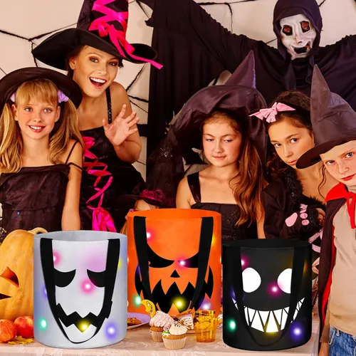 Miniatura 3 de Teling 6 bolsas de dulces de calabaza con luces LED para Halloween con luces LED, bolsas de regalo reutilizables para suministros de fiesta