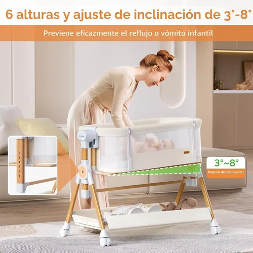 Miniatura 4 de Moisés de bebé 3 en 1, moisés de cabecera/mecedora para bebé, cuna de cabecera con ruedas bloqueables, colchón impermeable, 6 alturas ajustables