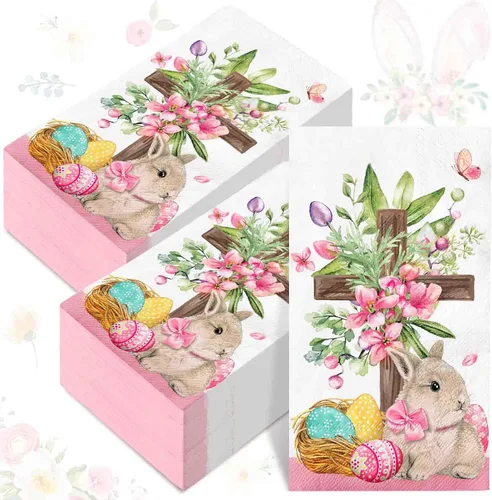 Whaline 80 hojas de servilletas de papel desechables de Pascua con diseño floral de huevo de conejo, flores, cena, servilletas de mano para