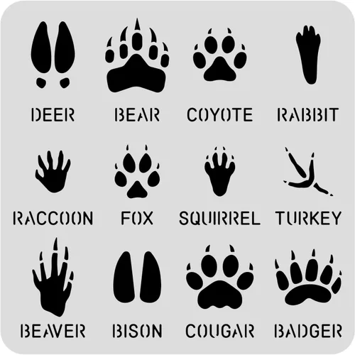 Miniatura 2 de BENECREAT 12 plantillas de huellas de animales, 12 x 12 pulgadas, plantillas de dibujo de ciervos/osos/conejos/zorros/pavo, para pintura de pared