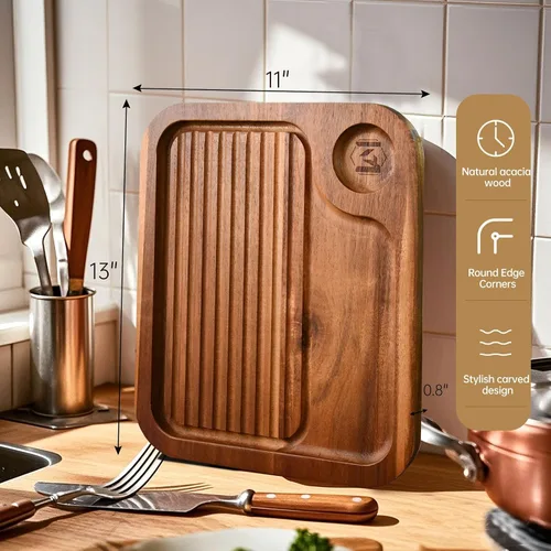 Miniatura 2 de Platos de bistec de madera de acacia, tabla de cortar carnívora para comer, plato de carne tallado de madera, bandeja para servir alimentos, tabla