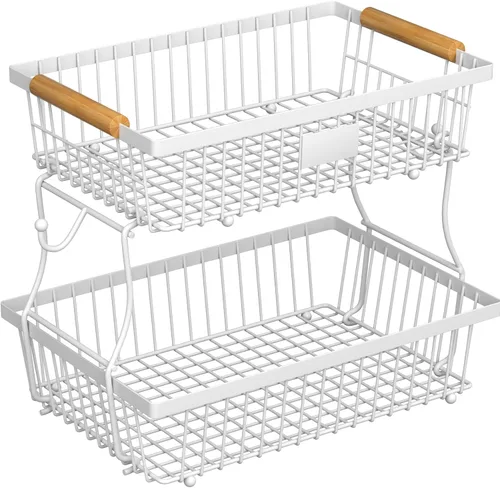 Miniatura 7 de Cesta de frutas de 2 niveles para encimera de cocina con 2 ganchos para plátanos, cesta de pan de metal para encimera con mango de madera, soporte