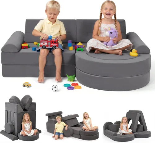 Fvkind Sofá modular de juego para niños, 16 piezas, sofá de construcción para sala de juegos y dormitorio, sofá modular de juegos para niños y gris