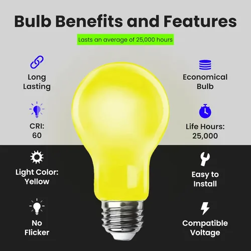 Miniatura 5 de Feit Electric A19 - Luz LED para insectos para exteriores, equivalente a 60 vatios, bombilla LED no regulable, base mediana E26, 120 V, 22 años