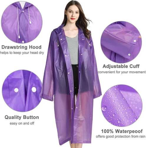 Miniatura 9 de Cosowe Ponchos de lluvia reutilizables para adultos, 2 piezas impermeables de emergencia para mujeres y hombres con capucha y cordón