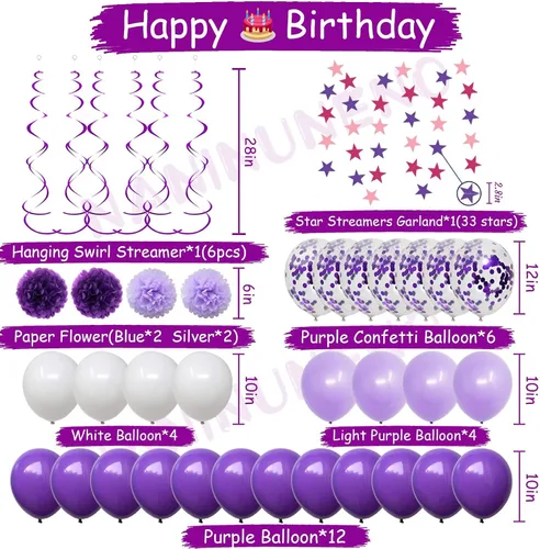 Miniatura 6 de Decoraciones de cumpleaños número 10 para niñas, globos morados de feliz cumpleaños, pancarta, globos de números, serpentinas de estrellas