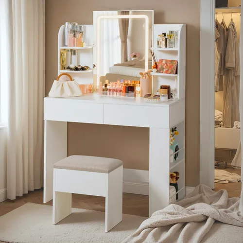 Miniatura 2 de JUMMICO Tocador de maquillaje con espejo y luces, escritorio de tocador con 3 modos de color y brillo de luz ajustable, mesa de maquillaje con cajón