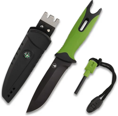 Cuchillo de caza de hoja fija, hoja de acero inoxidable, cuchillo de hoja fija con funda, arrancador de fuego, sacapuntas, silbato y brújula,