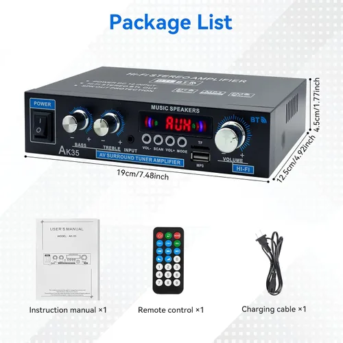 Miniatura 6 de Receptores de amplificador de audio para el hogar 200 W Bluetooth 5.0 RMS 30 W x 2 AK35 Receptor estéreo para altavoces Amplificador de potencia