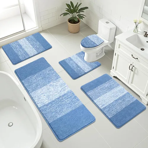Miniatura 39 de Bsmathom Juego de 4 alfombras de baño, alfombras de baño de microfibra suave y absorbente con alfombra de contorno en forma de U para inodoro y Azul
