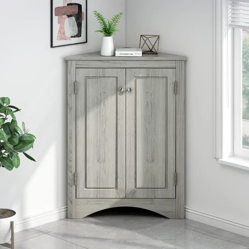 Bellemave Armario de almacenamiento esquinero con 2 puertas y estantes ajustables de 2 niveles, armario de baño independiente para baño, sala de