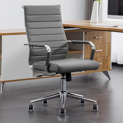 Miniatura 9 de Okeysen Sillas de sala de conferencias negras, silla ergonómica moderna de escritorio de piel sintética acanalada para oficina, silla giratoria