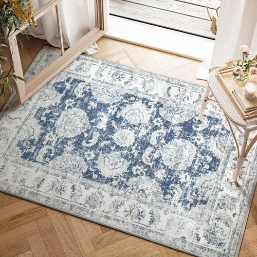 Miniatura 173 de Jinchan Fiora - Alfombra redonda de 8 pies, alfombras vintage con diseño floral envejecido, lavable a máquina, antideslizante, de pelo bajo, Azul