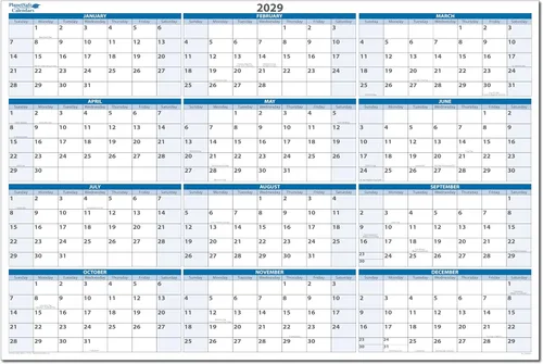 PlanetSafe Calendars 2029 - Calendario anual de pared de 24 pulgadas de alto x 36 pulgadas de ancho, 12 meses horizontal, azul cielo, borrable en