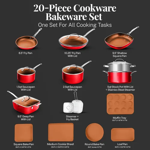 Miniatura 2 de Gotham Steel - Juego de 20 piezas de ollas y sartenes de cocina antiadherente + juego de ollas para hornear, cerámica completa para la cocina, Rojo
