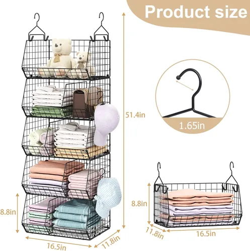 Miniatura 9 de Organizador colgante de armario extragrande de 5 niveles con 5 divisores, 16.5"L x 11.8"A x 51.4"Al, organizadores de armario y almacenamiento con 5
