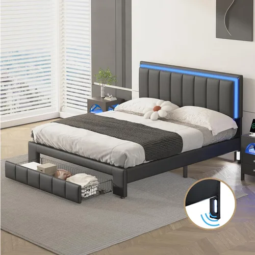 Miniatura 33 de Cama de plataforma flotante, marco de cama de madera tamaño individual con rayas claras, tela de lino suave y cabecera de diseño capitoné