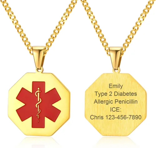 Miniatura 127 de VNOX Collar con colgante personalizado de acero inoxidable con grabado personalizado para identificación de alerta médica de emergencia para hombres