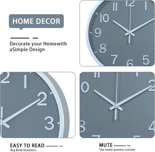 Miniatura 3 de Relojes de pared Moiubik operados con pilas, reloj de pared moderno de 8 pulgadas, silencioso, sin tictac, para decoración de sala de estar, Gris