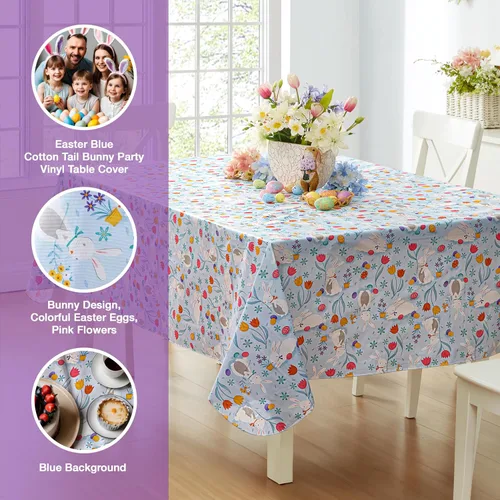 Miniatura 2 de Newbridge Blue Easter Cotton Tail Bunny Party 52 x 52 inch Square Vinyl Tablecloth with Flannel Backing, Bunny Rabbit, Easter Eggs and Floral Design