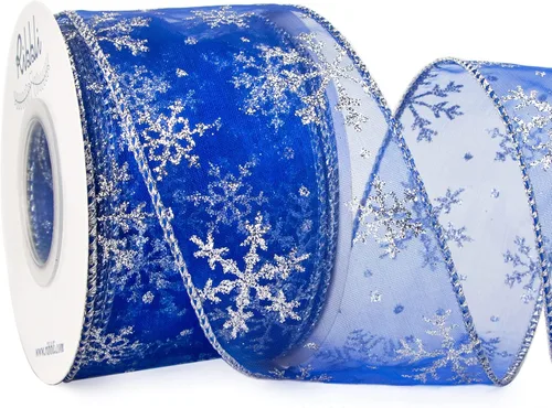 Miniatura 8 de Ribbli Cinta con alambre de purpurina de copo de nieve, organza dorada transparente con patrón de copo de nieve con purpurina dorada y borde