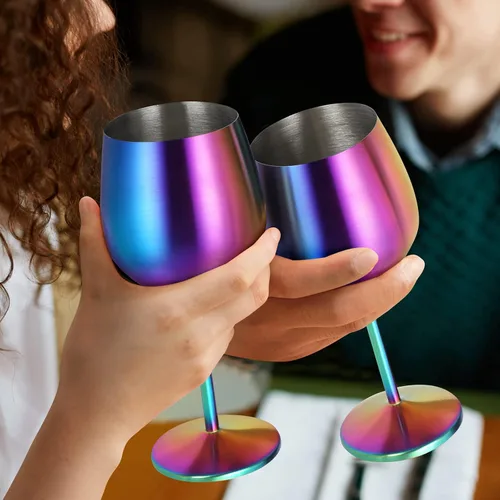 Miniatura 4 de Lifecapido Juego de 6 copas de vino de acero inoxidable, copas de vino coloridas de acero inoxidable de 18 onzas, copas de vino de metal con tallo