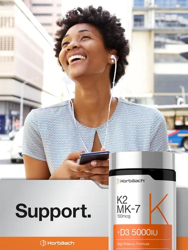 Miniatura 6 de Horbäach Vitamina D3 K2 5000 UI Complejo de 100 mcg MK-7 180 Cápsulas Blandas Suplemento sin OMG y sin gluten