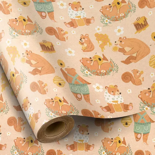Miniatura 16 de RUSPEPA - Rollo de papel para envolver regalos con diseño de animales del bosque, mini rollo, papel kraft con texto "Oh Baby" para baby shower